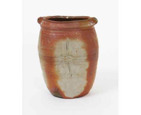 Janet Leach (1918-1997) a Leach Pottery stoneware vase, compressed oval form, with incised panel, lug handles to the rim, pit