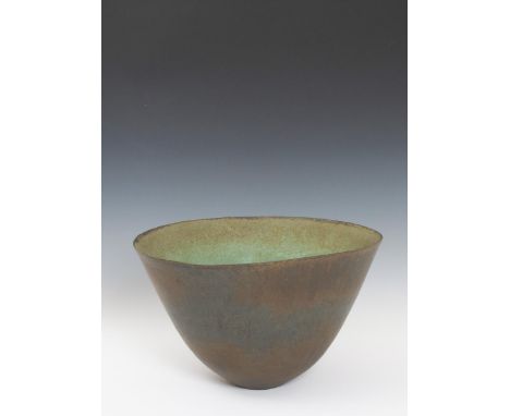 ‡ John Ward (born 1938) a large hand-built stoneware vase, internally glazed green/blue the exterior black, impressed tulip m