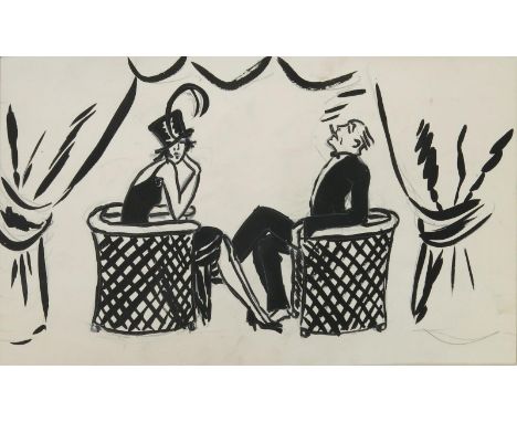 Dorte Clara Dodo Burgner (1907-1998) Sketch for Couple in a Theatre Box, ink wash on paper, mounted, un-framed unsigned 33.5 