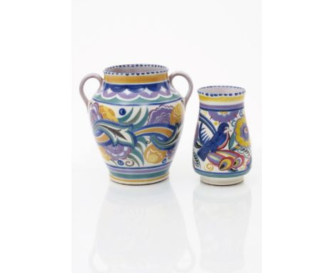 A Poole Pottery twin-handled vase designed by Truda Carter, painted by Anne Hatchard, pattern CO, painted with geometric foli