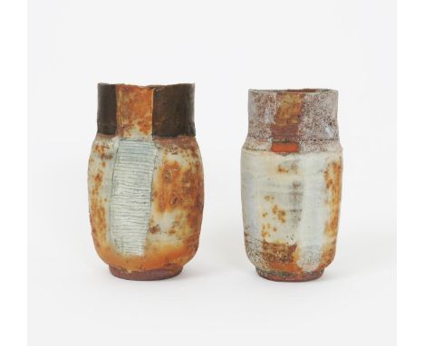 Robin Welch (born 1936) a stoneware Oval vase, incised and painted with slips and a red enamel panel, and another Robin Welch