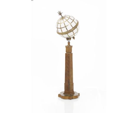 'British Empire Exhibition Wembley 1924' a commemorative table lamp, patinated metal column with glass orb shade marked to un