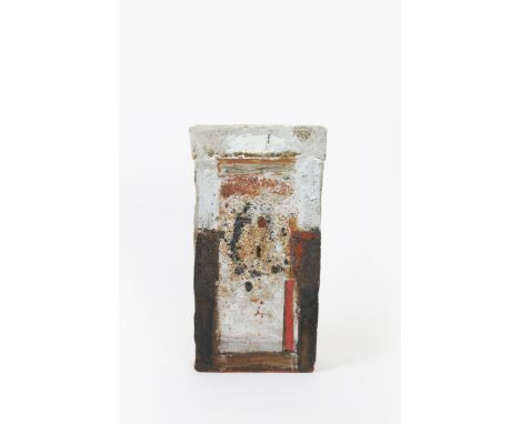 Robin Welch (born 1936) a slab built stoneware vase with two small apertures, with blue line, surface decorated, impressed se