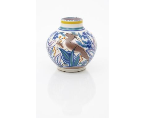 A Poole Pottery Leaping Gazelle vase designed by Truda Carter, painted by Majorie Batt, pattern TZ shape 440, painted in colo