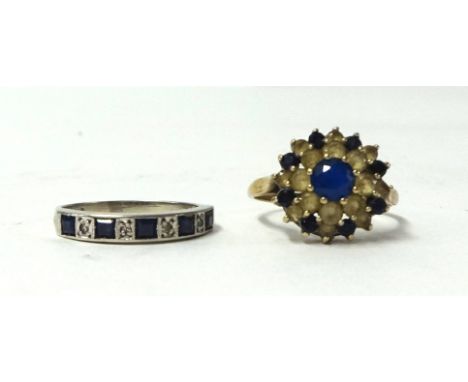 A 9ct gold cluster ring together with a white metal half band eternity ring (indistinct mark), size R, (2).