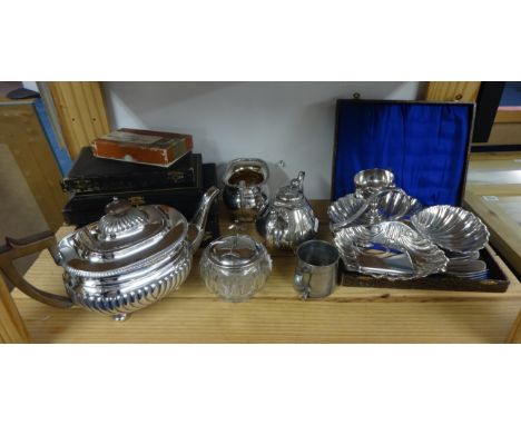 A quantity of silver plated ware including tea services, cased sets etc.