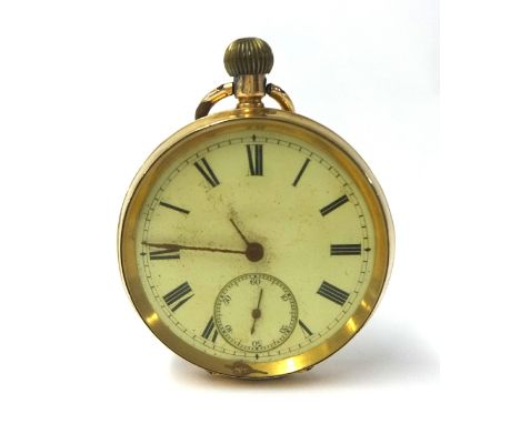OMEGA a14k open face keyless wound pocket watch, the white enamel dial with black Roman numerals and subsidiary seconds dial,
