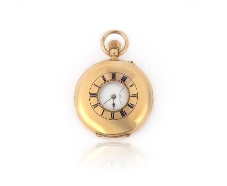 An 18ct gold half hunting cased pocket watch, white enamel dial with black Roman numerals and signed G.E. Frodsham, 31 Gracec