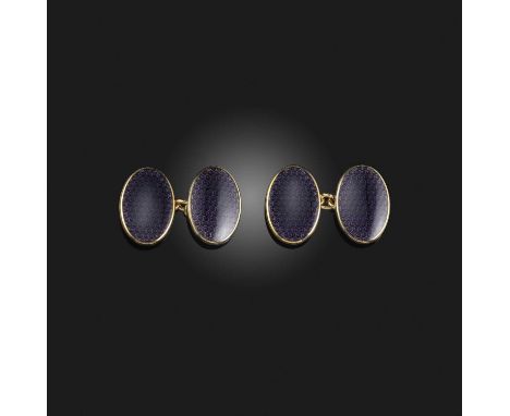 Longmire, a pair of 18ct gold and enamel cufflinks, composed of oval ends connected by chain linking, each end applied with d