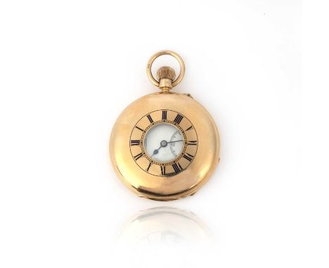 An 18ct gold half hunting cased pocket watch, white enamel dial with black Roman numerals, signed Benson, subsidiary second d