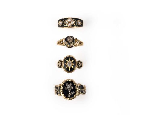 A collection of four Victorian enamel mourning rings, 19th century, each applied with black enamel and accented with rose-cut