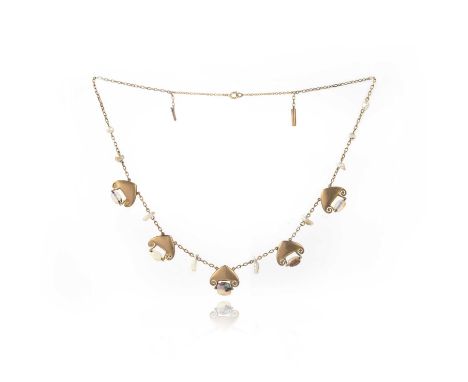 An Arts and Crafts gold pearl and opal necklace, early 20th century, designed as a line of abstract gold motifs set with opal