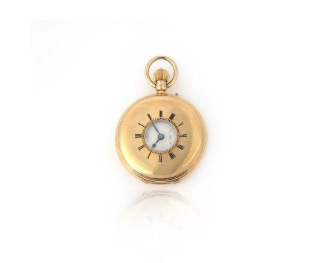 An 18ct gold half hunting cased pocket watch, white enamel dial with black Roman numerals, subsidiary seconds dial and signed