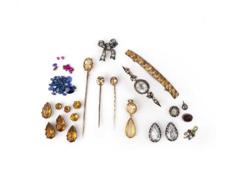 A collection of jewels and findings, 19th century and later, comprising: three topaz stick pins, longest 7cm; a topaz and yel