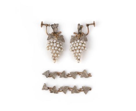 A pair of Edwardian pearl earrings, early 20th century, designed as a grape vine in gold and silver, suspending a bunch of gr