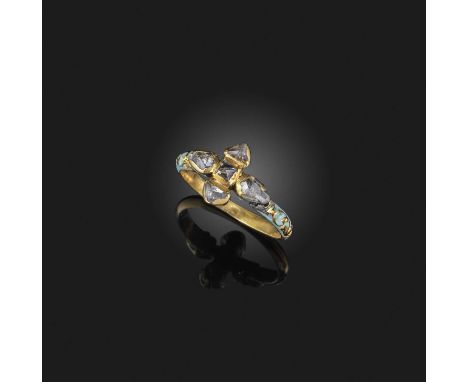 No reserve - an enamel and diamond ring, 17th century, the centre designed as a cross composed of a point-cut diamond surroun
