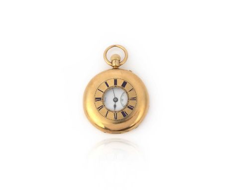 An 18ct gold half hunting cased pocket watch, white enamel dial with black Roman numerals, subsidiary second dial and signed 