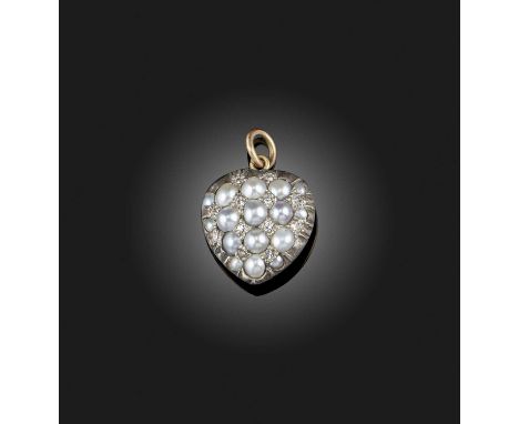 A mid 19th century pearl and diamond heart pendant, set with pearls and diamonds in a chequerboard design in silver and gold 
