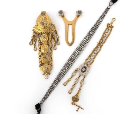 A collection of jewels, 19th century, comprising: a choker necklace, set with colourless pastes, to a black velvet ribbon, le
