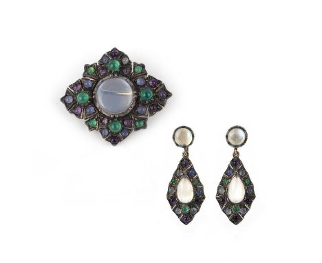 An Arts and Crafts moonstone, amethyst and chalcedony demi-parure, early 20th century, comprising: a pair of earrings, each d