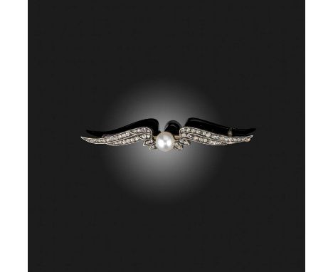 Fabergé, a pearl and diamond brooch, early 20th century, designed as a pair of wings, set with rose-cut diamonds, centring on