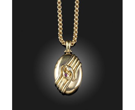 A ruby and diamond locket pendant necklace, late 19th century, the locket of oval outline, the front with a design of entwine