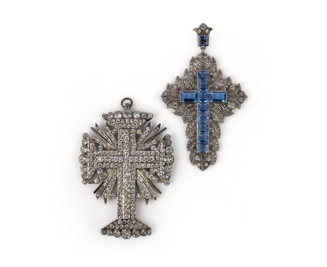 A mid 19th century paste cross pendant, set with blue and colourless pastes in silver settings, length 9.3cm, with an early 1