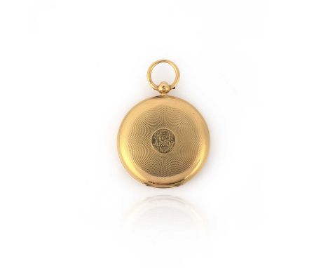 A 18ct gold key wind hunting cased pocket watch, white enamel dial with black Roman numerals, subsidiary seconds dial missing