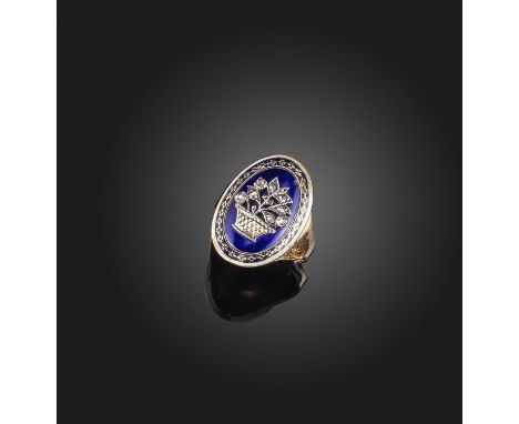 A George III enamel and diamond ring, early 19th century, centring on a giardinetto set with rose-cut diamonds, against a gro