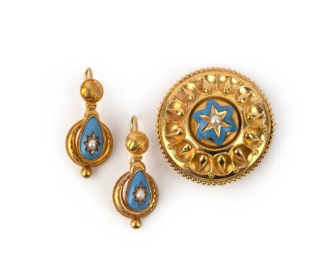 A Victorian gold, enamel and pearl demi-parure, mid 19th century, comprising: a brooch designed as a roundel in the Archaeolo