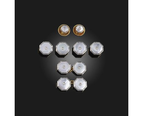 A mother of pearl dress set, early 20th century, comprising: four buttons, two collar studs and a pair of cufflinks, each of 