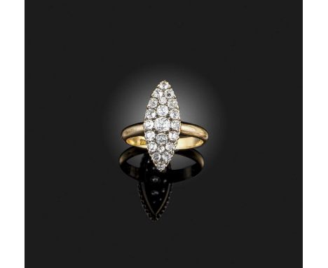 A Victorian diamond cluster ring, of navette-shaped outline, pavé-set with cushion-shaped diamonds, mounted in silver and gol