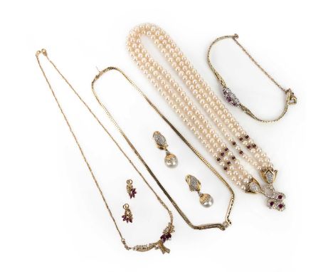 A collection of cultured pearl, ruby and diamond jewels, comprising: a necklace, composed of three strands of cultured pearls