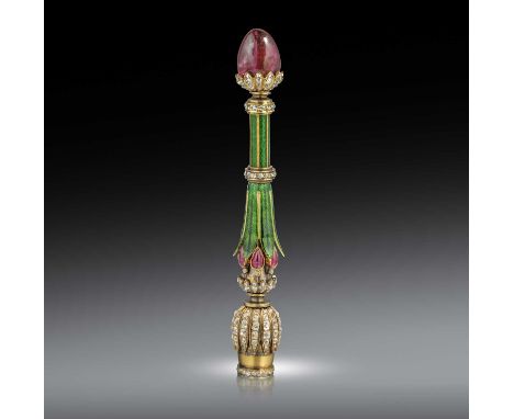 A spinel, enamel and diamond huqqa mouthpiece, early 20th century, applied with green guilloché enamel forming stylised leave