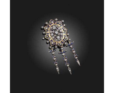 An enamel and diamond brooch, France, mid 19th century, designed as an oval plaque centring on a scrolled motif set with cush