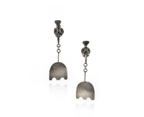 Φ Φ Alan Davie (1920-2014) a pair of silver drop earrings, C1950, of abstract design suspending articulated stylised tulips i