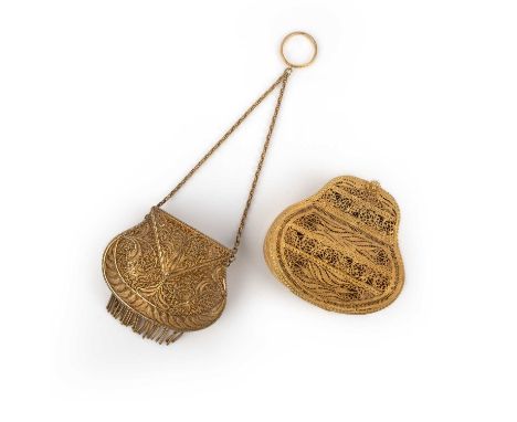 Two gilt silver purses,19th century, each constructed from gilt silver filigree, one suspended from a chain, with a fringed b