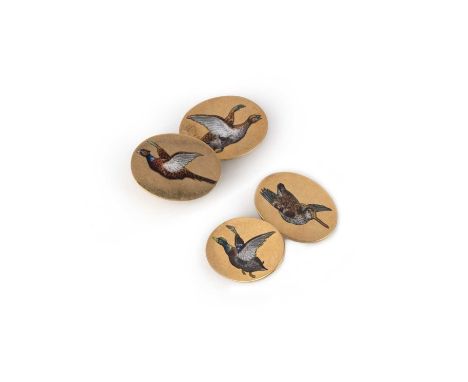 A pair of gold and enamel cufflinks, early 20th century, each end of oval outline, depicting a game bird in painted enamels, 