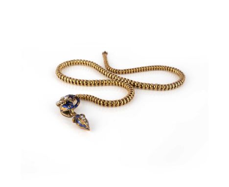 An enamel and pearl necklace, mid 19th century, designed as a snake, its head and tail tip applied with blue enamel, accented