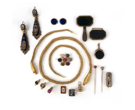 λ A collection of jewels, 19th century, comprising: a gold ring set with an agate intaglio of an elephant, size L1/2; a gold 