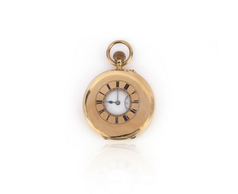 An 18ct gold half hunting cased pocket watch, white enamel dial with black Roman numerals, subsidiary seconds dial and signed