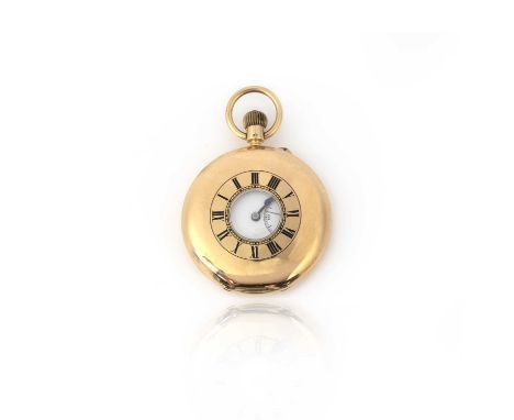 An 18ct gold half hunting cased pocket watch, white enamel dial with black Roman numerals and signed Sir John Bennett, subsid