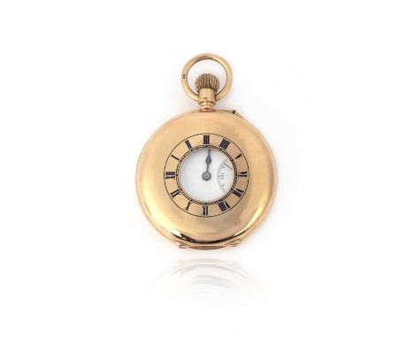 An 18ct gold half hunting cased pocket watch, white enamel dial, black Roman numerals, subsidiary seconds dial, movement sign