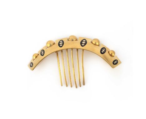 A gilt metal and half pearl hair ornament, mid 19th century, designed as a crenellated gilt band decorated with spherical mot