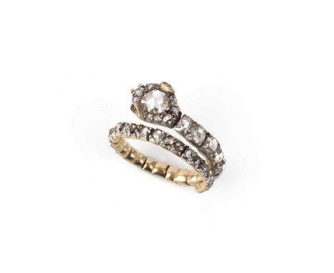 A fine diamond snake ring, mid 19th century, designed as a coiled snake composed of flexible linking, set with rose-cut diamo
