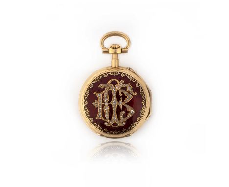 JE Dufour &amp; Co., gold, enamel and diamond pocket watch, 19th century, the white enamelled dial with black and red indicat