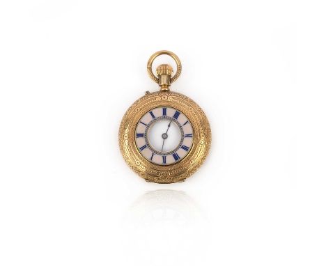 A gold half hunting cased small fob watch, white enamel dial with black Roman numerals, front case with blue enamel Roman num