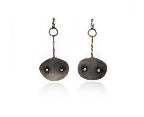 Φ Φ Alan Davie (1920-2014) a pair of silver drop earrings, C1954, of twisted rope design suspending oval discs applied with s