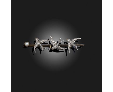 A late Victorian diamond brooch, designed as three swallows in flight, set with rose-cut diamonds, to a bar brooch with a pea