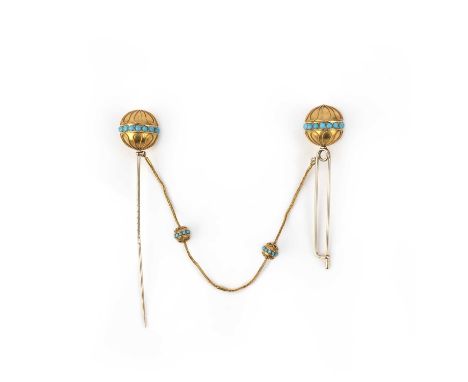 A gold and turquoise cloak pin, mid 19th century, composed of two pins, each topped with a gold sphere accented with rope-twi